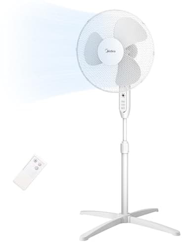 Midea MFS400M0APW0 Ventilatore a Piantana, 40W Silenzioso Ventilatore, Timer di 7 Ore Con Telecomando, 3 Livelli di Velocità, Oscillazione 90°, Altezza Regolabile da 1,1 a 1,3 Metri, Bianco