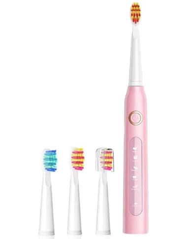 Spazzolino Elettrico Ultrasuoni,Spazzolini Sonico con USB Ricaricabile, 4 Testine, 5 Modalità, 4 Ore di Ricarica Rapida per 60 Giorni,Rosa