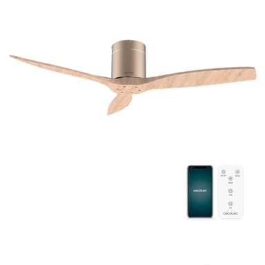 Cecotec - Ventilatori da Soffitto EnergySilence Aero 5500 Aqua GoldLightWood Connected. 40 W, Diametro 132 cm, Wi-Fi, Protezione IP44, Timer 8 Ore, 3 Pale, 6 Velocità, Estate/Inverno