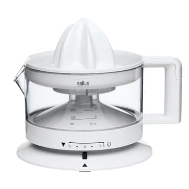 Braun CJ3000 Spremiagrumi, rotazione a destra e sinistra, avvio e arresto automatici, base antiscivolo, vano portacavo, capacità caraffa 350ml con misuratore graduato, pratico beccuccio, 20w, Bianco