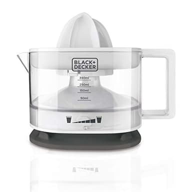 BLACK+DECKER BXCJ25E - Spremiagrumi elettrico, 25 W, Doppio Senso di Rotazione, 350 ml, Filtro per Polpa Regolabile, Portacavi, Smontabile, Bianco