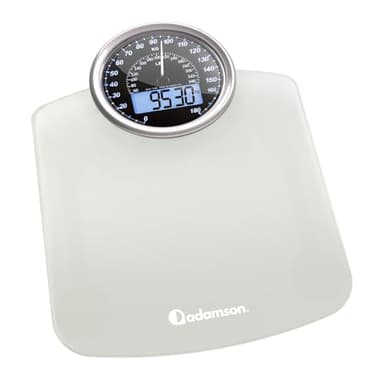 Adamson Bilancia Pesapersone Ibrida + Digitale & Analogica 2-in-1 - Fino a 180 kg - Ampio Display con Retroilluminazione + Robusto Vetro Temperato + Lettura Facile + NUOVO + Bianco