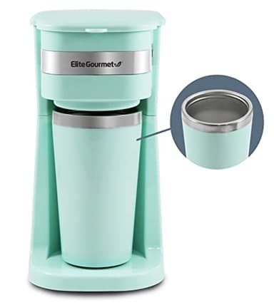 Elite Gourmet, Macchinetta per caffè EHC113M compatta, monodose, 414 ml, con tazza termica da viaggio con interno in acciaio inox, compatibile con caffè macinato, filtro riutilizzabile, verde menta