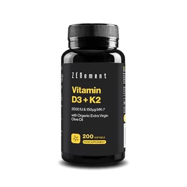 Vitamina D3 K2 Mk7 Menachinone, 200 Softgels (7 Mesi), Vitamina D3 2000 UI + Vitamina K 150 μg | Supporta Ossa, Denti, Muscoli, Articolazioni e Sistema Immunitario| Zenement