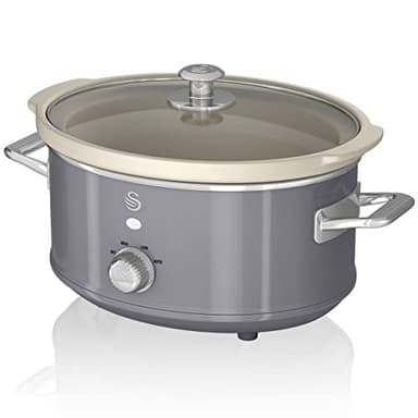 Swan Retro SF17021GRNEU Slow Cooker 3,5L Contenitore di Cottura Rimovibile, Ceramic Non-Stick PFOA & PTFE Free, 3 Livelli di Temperatura, Coperchio di Vetro, Design Vintage, Grigio, 200W