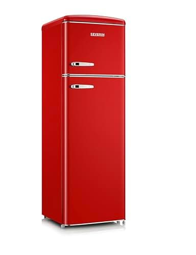 SEVERIN RKG 8983 [EEK D] - Frigorifero retrò con applicazioni cromate, congelatore superiore, illuminazione a LED, 1-7°C, volume netto 246 L, solo 39 dB, rosso, RKG 8983