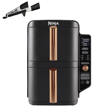 Ninja Double Stack XL Friggitrice ad Aria Verticale, Doppia Zona, 4 Livelli, 2 Scomparti, 2 Griglie, Capienza 9.5L, 6 Funzioni, 8 Porzioni, Parti Lavabili in Lavastoviglie, Pinze, Nero/Rame, SL400EUCP