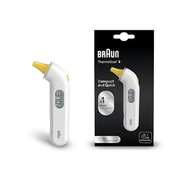 Braun ThermoScan 3 Termometro auricolare, Misurazione rapida di 1 secondo, Indicatore di febbre audio, Display digitale, Adatto a neonati e bambini, Marchio #1 tra i dottori 1, IRT3030