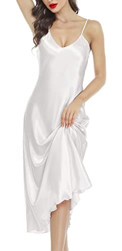 Lovasy Camicia da Notte Donna Sexy in Raso Spalline Regolabili Vestaglia Seta con Scollo a V Sottoveste Lunga,Bianco M