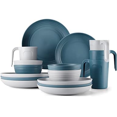 Odoland Stoviglie da Campeggio, Set di Piatti Tazze in Plastica 16 Pezzi per 4 Persone, Leggeri e Riutilizzabili, Set Piatti Ciotole Insalata, Blu e Grigio
