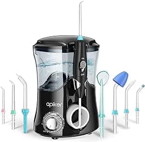 Apiker Idropulsore Dentale Professionale 600ml Irrigatore Dentale con 10 Impostazioni per Pressione dell’Acqua e 8 Beccucci Multifunzione Water Flosser IPX7 Cura Famiglia e Ortodontico Dentale, Nero