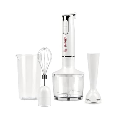 Girmi MX17 Mixer ad immersione con Kit, 3 in 1 frullatore-mixer-frusta, 400 W, Motore DC, 2 Velocità, Lame INOX, Misurino da 700cc incluso, Bianco
