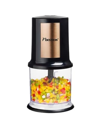 Bestron Tritatutto elettrico, tritatutto universale con due coltelli da taglio e capacità 500 ml, grande pulsante a pulsante, 400 Watt, colore: rame