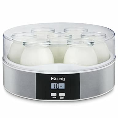 H.Koenig Yogurtiera 7 vasetti ELY70, Capacità 7 x 160 ml, Programmabile fino a 15 ore, Display LCD, Corpo in acciaio inox, Lavabile in lavastoviglie, Arresto automatico, Potenza 15 W