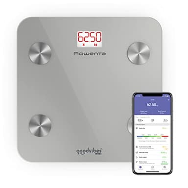 Rowenta BR9600 Goodvibes Life + Bilancia Pesapersone, Bilancia Digitale Intelligiente, App connessa, 10 Misurazioni Corporee tra cui IMC, BMR, Massa Grassa, Muscolare e Ossea, Argento