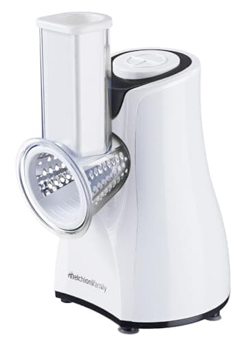 Melchioni Family 118420212 Grattugia Elettrica Taz, 5 Diverse Lame Intercambiabili, Pulsante a Pressione, Imboccatura Trasparente, 200W, Acciaio e Plastica, Bianco