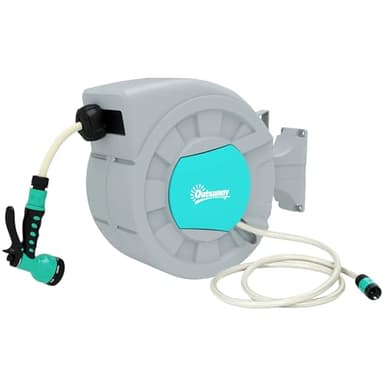 Outsunny Avvolgitubo da Giardino Retrattile con Tubo dell'Acqua 25+2 m, Avvolgitubo da Parete Girevole a 180°, Avvolgitubo Automatico con Blocco e 7 Getti per Irrigazione in PP, Verde e Grigio