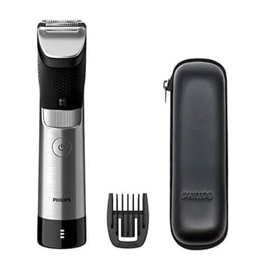 Philips Regolabarba con 30 impostazioni di lunghezza, sensore di potenza che si adatta alla densità della barba, Lame di precisione in acciaio e resistenti all'acqua, nero/argento (modello BT9810/15)