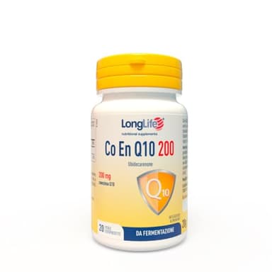 LongLife® CO EN Q10 200mg | Coenzima Q10, ubidecarenone puro | Alto dosaggio e vitamina E | Da fermentazione | 20 perle fotoprotette | Senza glutine e certificato Halal