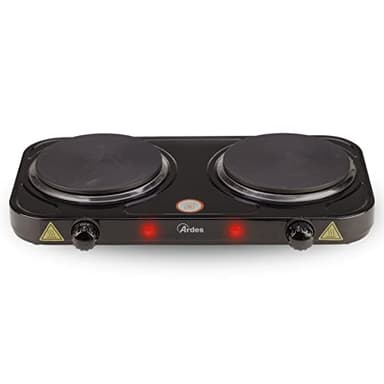 ARDES - AR1F20 Fornello elettrico per Cucinare da 2000W in Acciaio Verniciato da Campeggio e Cucina con 2 Piastre in Ghisa Diametro 15,5 cm e 2 Termostati Modello TIKAPPA Nero