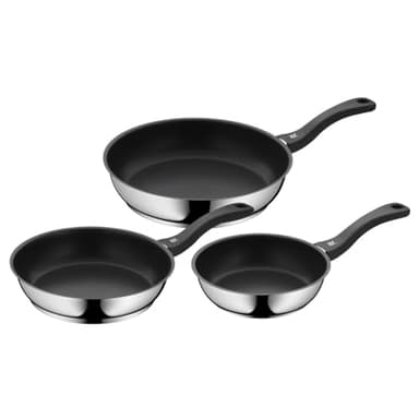WMF 733706299 Devil Set di 3 padelle con rivestimento antiaderente diametro 20/24/28 cm con manico in acciaio inox Cromargan ceramica induzione lavaggio a mano, acciaio inox, Argento, 28 cm, 3 unità