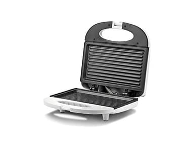 Girmi TS03 Tostiera, 750 W, Piastre Antiaderenti, Manico Termoresistente con Chiusura, Spia di Accensione e Temperatura, Bianco