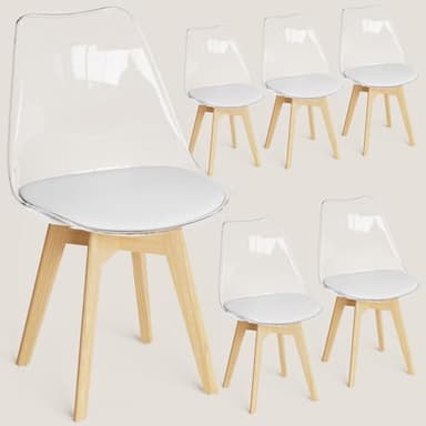 FRUOGO Set di 6 sedie da sala da pranzo con schienale trasparente e gambe in legno massello in faggio, sedie da cucina imbottite, con comodo cuscino bianco per sala da pranzo, cucina, soggiorno,