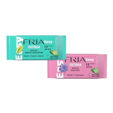 Fria Easy Salviette Igiene Intima, Ginecologicamente Testate ad Azione Dermocalmante, Tessuto Gettabile nel WC, Dermatologicamente Testate, Confezione Tascabile da 12 Salviette