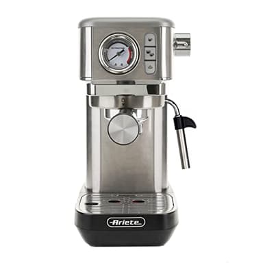 Ariete Espresso Slim Metal 1381, Macchina da Caffè con Manometro, Compatibile con Caffè in Polvere e Cialde ESE, 15 Bar Massime, Filtro 1 o 2 Tazze, Lancia per Cappuccino, 1300W, Silver