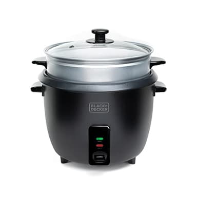 BLACK+DECKER - Cuociriso 700W. Grande capacità 1.8L. Fino a 7 razioni. Rivestimento antiaderente. Funzione di cottura e mantenimento in caldo. Accessorio per la cottura a vapore. Bianco