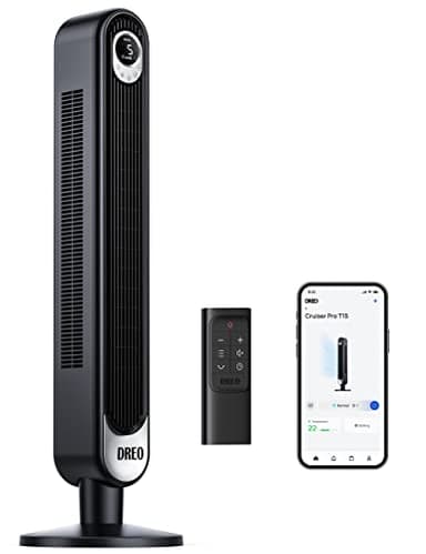 Dreo 28 dB silenzioso ventilatore a torre intelligente, 106 cm di altezza 4 modalità 6 velocità 12H timer 90° oscillante ventilatore a piedistallo con telecomando controllo vocale per camere da letto