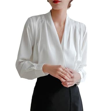 NAKEAH Camicia a maniche lunghe in raso con scollo a V francese, camicetta da donna in raso di seta con scollo a V, camicia da ufficio elegante a maniche lunghe con scollo a V (Small,White)
