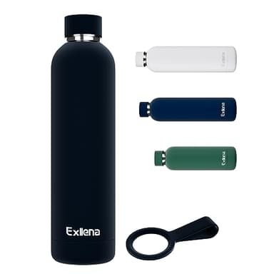 Exllena Borraccia Termica 1 Litro - Bottiglia Termica Doppio Vuoto Mantenere Calore/Freddo - Senza BPA - 100% A Tenuta Stagna con Anello per Tote (Nero)