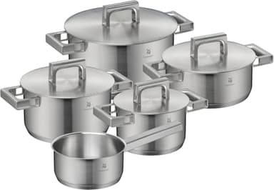 WMF Ultimate Cool - Set di pentole a induzione, 5 pezzi, con coperchio in acciaio inox Cromargan opaco, set di pentole a induzione non rivestite, scala interna, lavabile in lavastoviglie