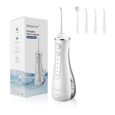 Sawgmore Idropulsore Dentale, Irrigatore Orale Professionale con 4 Modalità e 4 Ugelli di Ricambio, Ricaricabile USB, Impermeabile IPX7 Water Orale Flosser Pulizia Denti Ideale per Viaggi a Casa