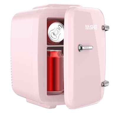 YASHE Mini frigo da camera, 4L frigorifero piccolo per la cura della pelle, 220V CA/12V CC, termoelettrico e scaldino per bevande, ufficio, dormitorio, auto, rosa