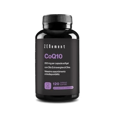Coenzima Q10 200 mg, 120 Capsule Softgel (4 Mesi) | Ubichinone Puro al 100% Fermentato Naturalmente, ad Alto Dosaggio | Antiossidante | con Olio Extravergine di Oliva Biologico | Zenement