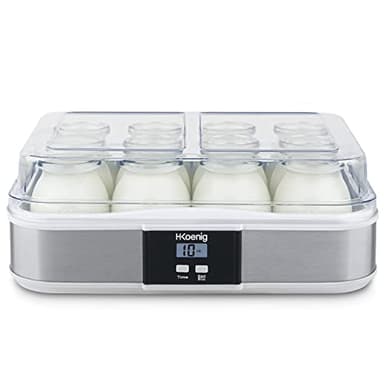 H.Koenig Yogurtiera 12 vasetti ELY120, Capacità 12 x 160 ml, Programmabile, Display LCD, Corpo in acciaio inox, Senza BPA, Lavabile in lavastoviglie, Spegnimento automatico, Potenza 21,5 W