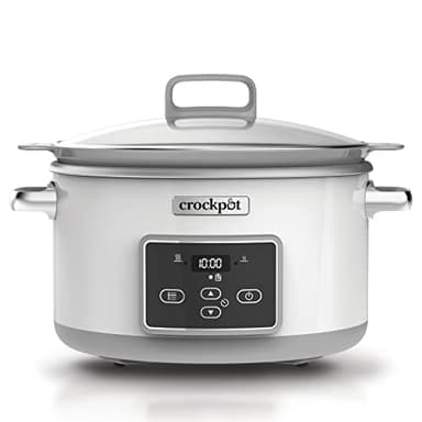 Crock-pot Pentola per Cottura Lenta, Slow Cooker, 5 lt, fino a 6 Persone, Spegnimento Automatico, DuraCeramic, Sauté per Rosolare su Gas e Induzione, 2 Impostazioni Cottura e Warm automatico, Bianco