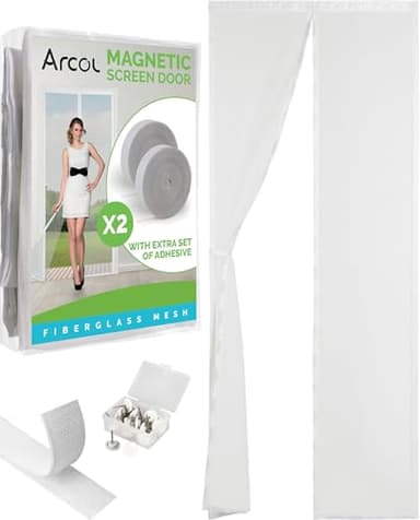 ARCOL Zanzariera Magnetica 140x240 cm Antigraffio in Vetroresina - Zanzariera Porta Finestra con 2 Set di Nastri Adesivi, 1 Extra per la 2a Stagione - Zanzariere Magnetiche Base con Pesi (Bianco)