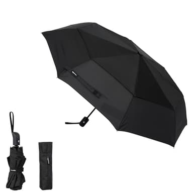 Amazon Basics Ombrello compatto da viaggio, automatico, antivento, robusto, con presa d’aria, Ottagonale, Nero, misura unica