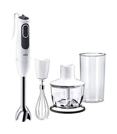 Braun Frullatore a Immersione MQ3135WH Minipimer, Tecnologia Tedesca, regolazione fino a 11 velocità, potenza 750W, Dotato di bicchiere da 600ml, frusta a filo e tritatutto da 500ml, Bianco/Grigio