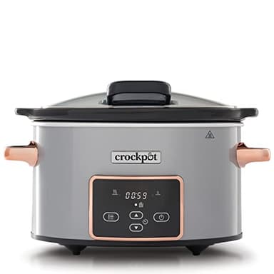 Crock-pot Pentola per Cottura Lenta, Slow Cooker, 3.5l, fino a 4 Persone, Coperchio a Cerniera, Timer digitale Countdown, 2 Impostazioni e Funzione Warm automatica, 200W, Ceramica, Argento