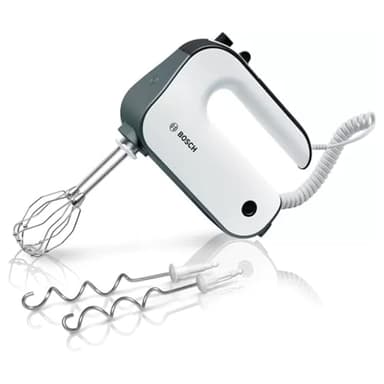 Bosch Elettrodomestici MFQ49300 - Miscelatore manuale a 5 livelli, 2 ganci per frusta e impastare, cavo a spirale, 850 W, colore: bianco/argento scuro