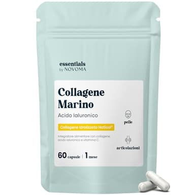 Collagene Marino con Acido Ialuronico, Pelle Idratata e Articolazioni Forti, Fornitura di 1 mese, 60 Capsule, Idrolizzato Tipo 1 e 3 Naticol®, Vitamina C, Essentials by Novoma
