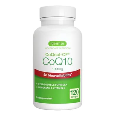 Integratore CoQ10, Coenzima Q10 100mg, 4 mesi, Biodisponibilità 5x Superiore, Formula Ultra-Solubile CoQsol-CF, Ubichinone potenziato con vitamina E e D-Limonene, 120 softgels 1 al giorno - Igennus