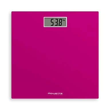 Rowenta Premiss 2 Bilancia Pesapersone Digitale, Vetro Temperato, Graduazione di Precisione Ogni 100g, Funzioni Intelligenti, Ampio Display, Batteria Inclusa, Fucsia, 30x30cm