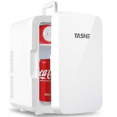 YASHE Mini Frigorifero, 10 Litri/12 Lattine Frigorifero per la Cura della Pelle per Camera da Letto, 110V AC/12V DC Termoelettrico Refrigeratore e Scaldavivande per Bevande, Ufficio, Auto, Bianco