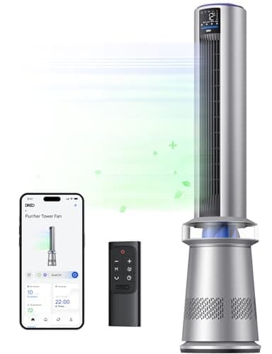 Dreo Ventilatore a torre purificatore d'aria, ventilatore intelligente 2 in 1 da 45 pollici per camera da letto, velocità 8 m/s, oscillazione di 120°, timer 24 ore senza pale per la casa, 25