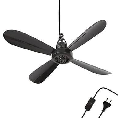Bestlivings Ventilatore da soffitto portatile con spina e interruttore, 220 V-240 V/5 Watt, Ø 40 cm, ventilatore con gancio, risparmio energetico (nero)